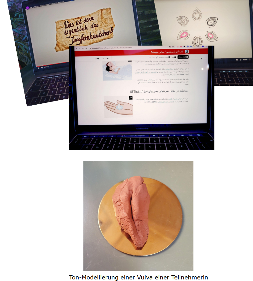 Bildcollage von Materialien des Workshops zur sexuellen Bildung: drei Laptops, bei denen informative Websites aufgerufen sind, sowie ein Tonmodell einer Vulva